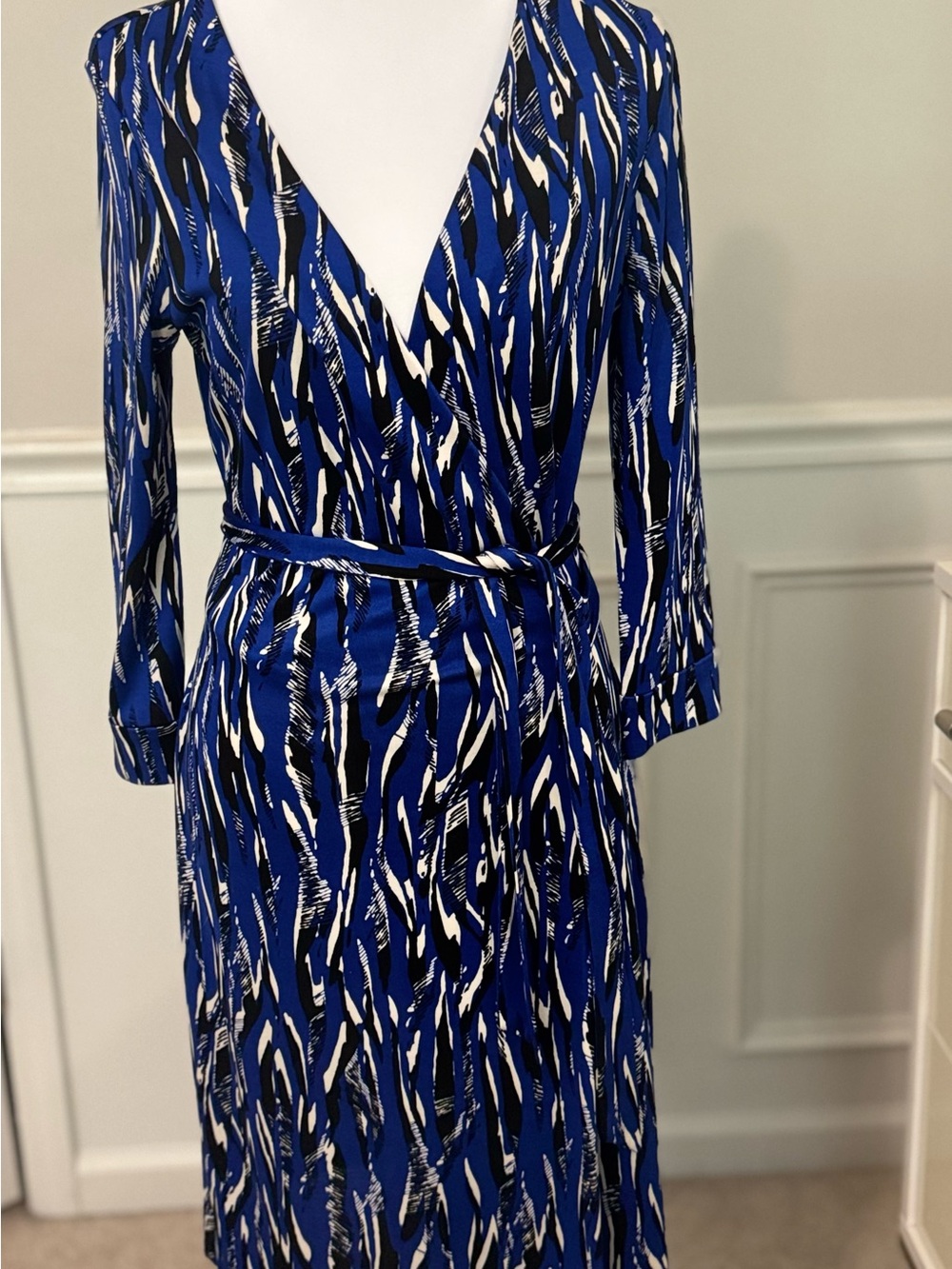 Diane Von Furstenberg Royal Blue, Black & White Printed Wrap Dress